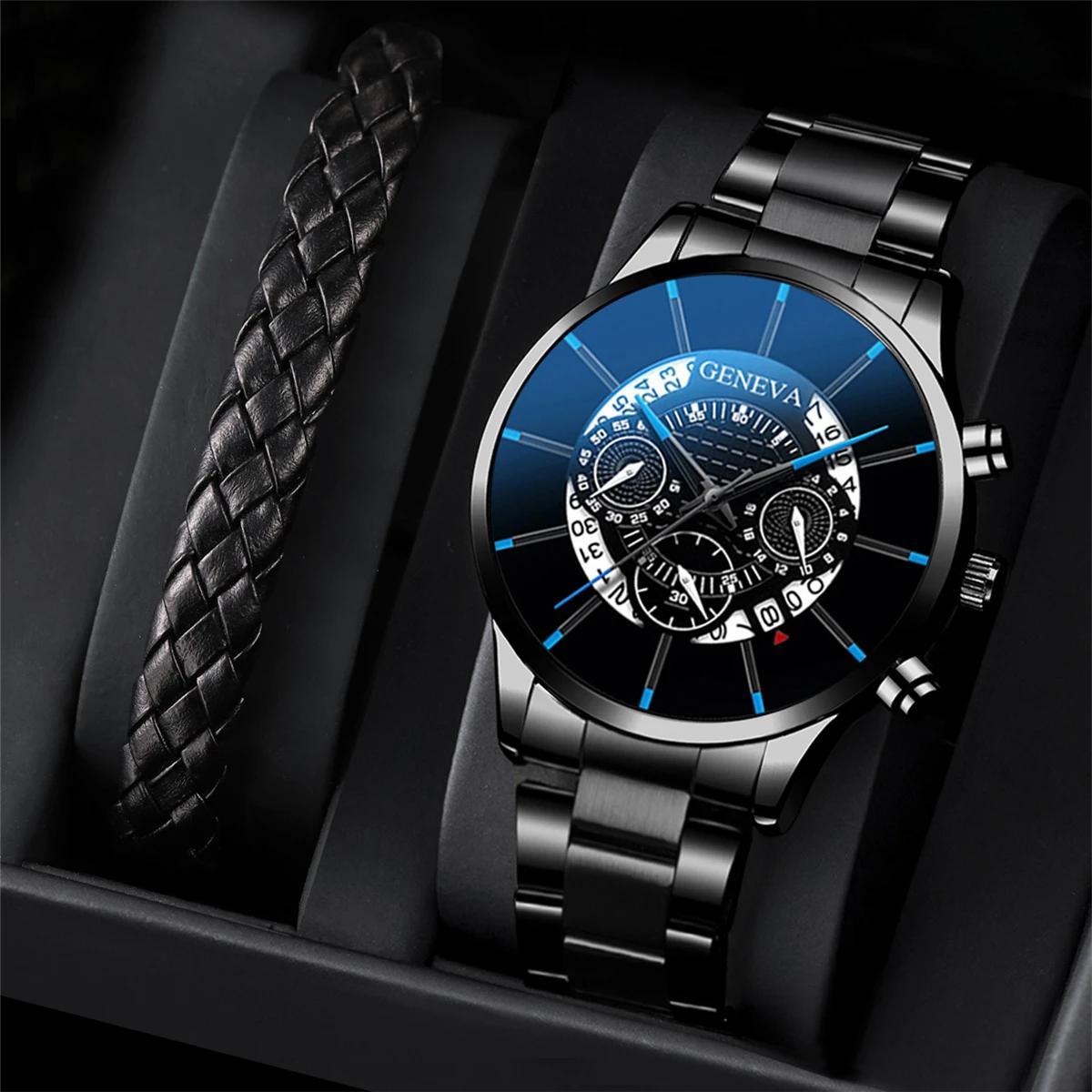 

2 шт./набір Модний класичний чоловічий набір чорних годинників Чоловічий діловий годинник з нержавіючої сталі Кварцовий годинник Чоловічий календарний наручний годинник Шкіряний браслет