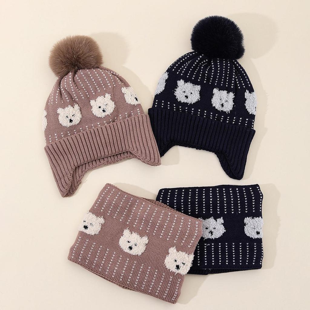 Cartoon Dog Plush Knit Hat & Scarf Set - Fleece-Lined with Warm Ear Protection and Pom Pom