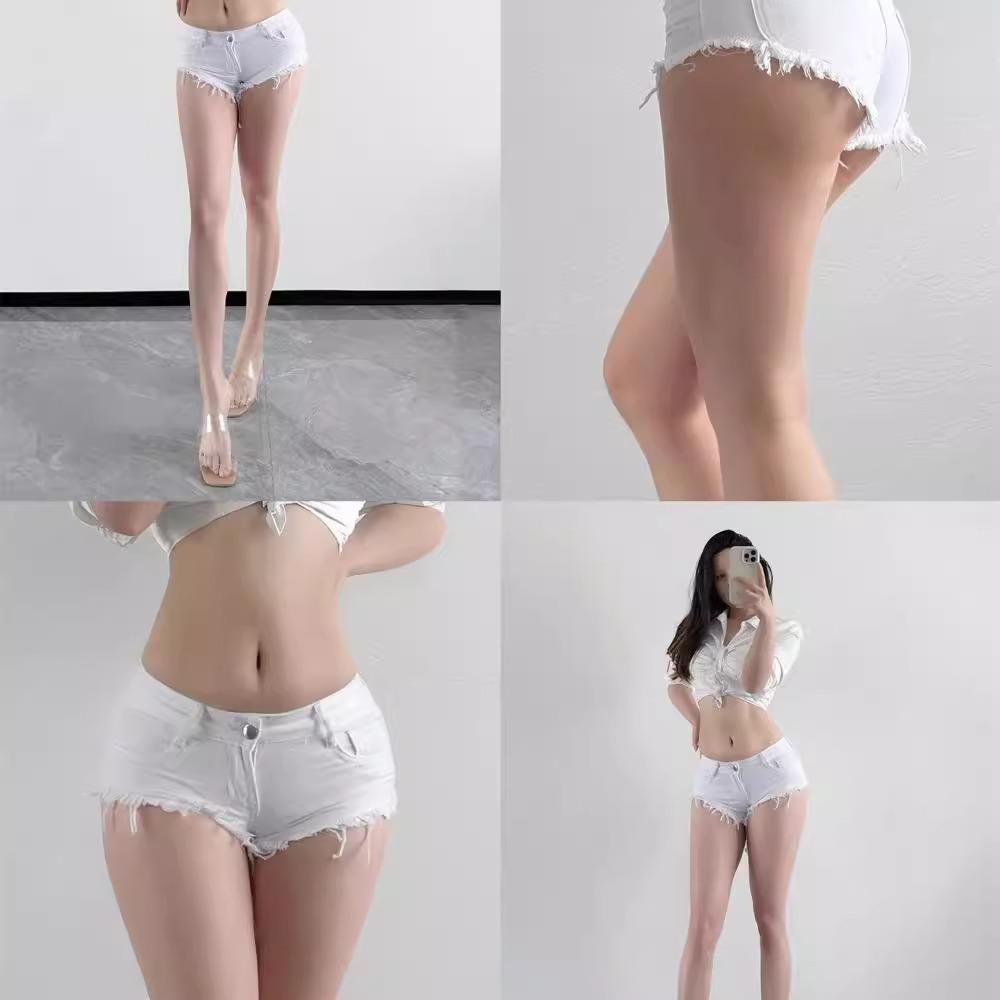 Micro Shorts Jeans Brancos de Cintura Baixa com Barra Desfiada para Mulheres, Estilo Verão, Design Europeu e Americano Colado ao Corpo Rasgado Desgastado