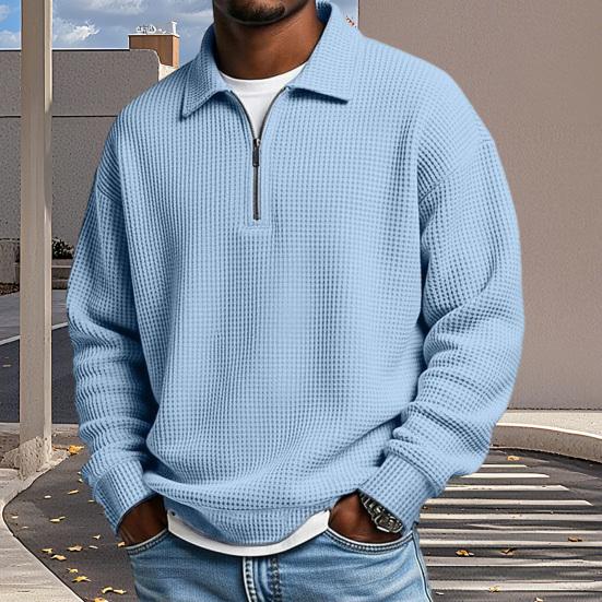 2026 autumn and winter new semi-zipper loose polo collar waffle long-sleeved casual top men's clothing