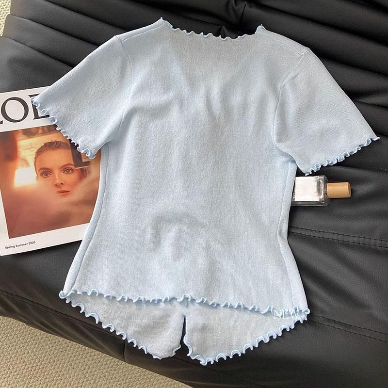 Ice Silk Knitted Sweater Women's Spring Summer New Slim Fit, Three-dimensional Flower Fungus Edge V-neck Short Sleeved T-shirt