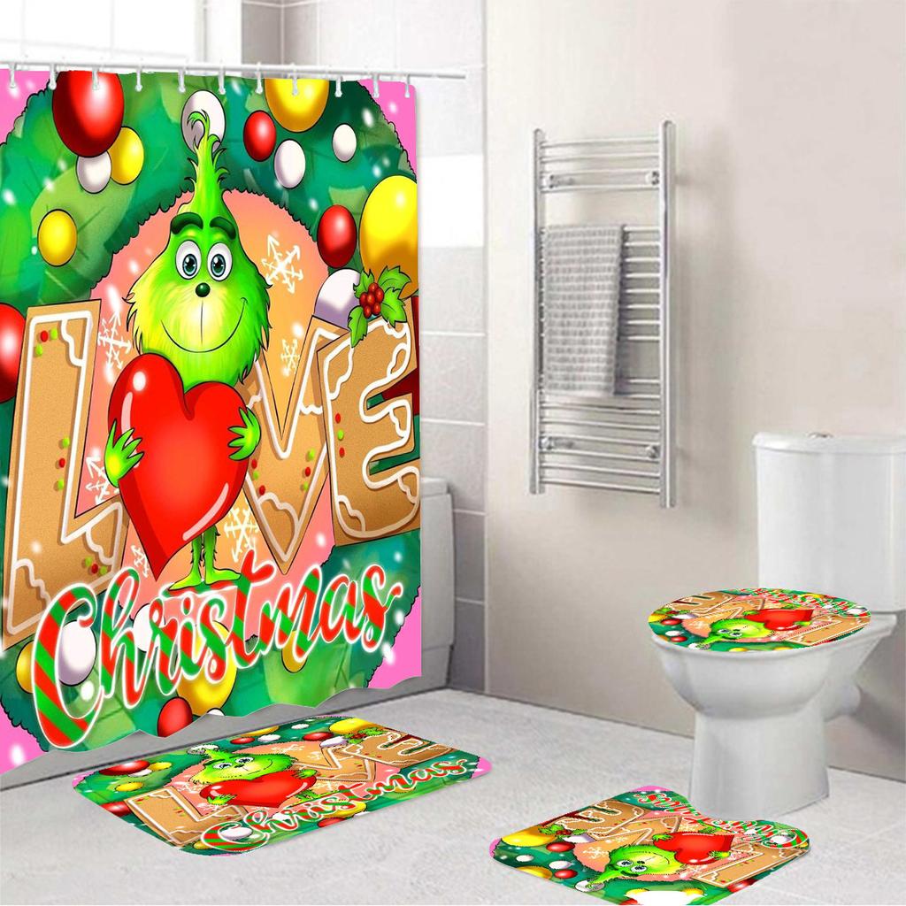 Temu Bathroom Three-Piece Set, Green-Haired Grinch Pattern Bathroom Non-Slip Mat, U-Pad And Shower Curtain Set