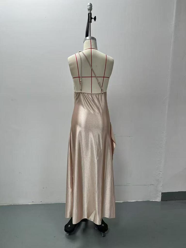 2025 One-Shoulder Ruffled Slit Satin Dress - Sexy European and American Summer Style.