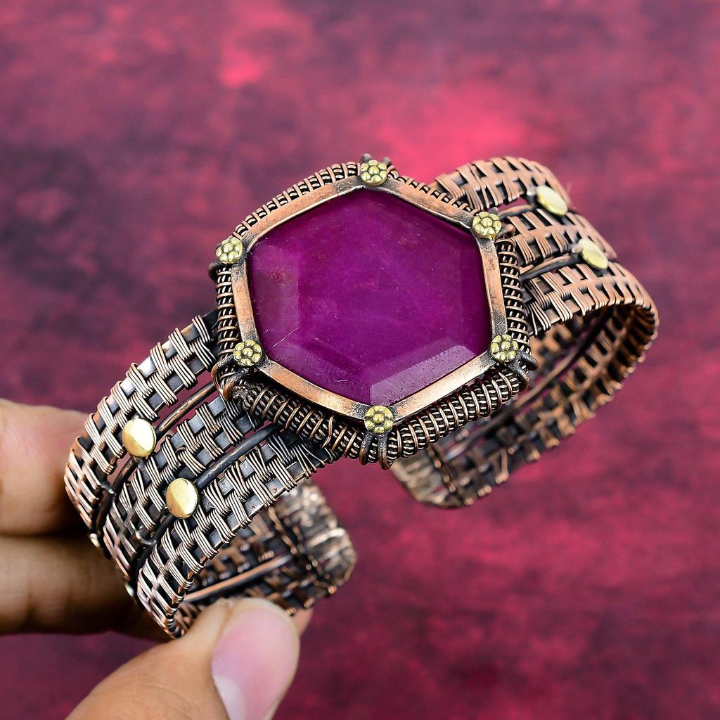 Pulseira de Rubi de Caxemira Facetado Joias Envoltas em Fio de Cobre Pulseira Ajustável Joias com Pedras Preciosas