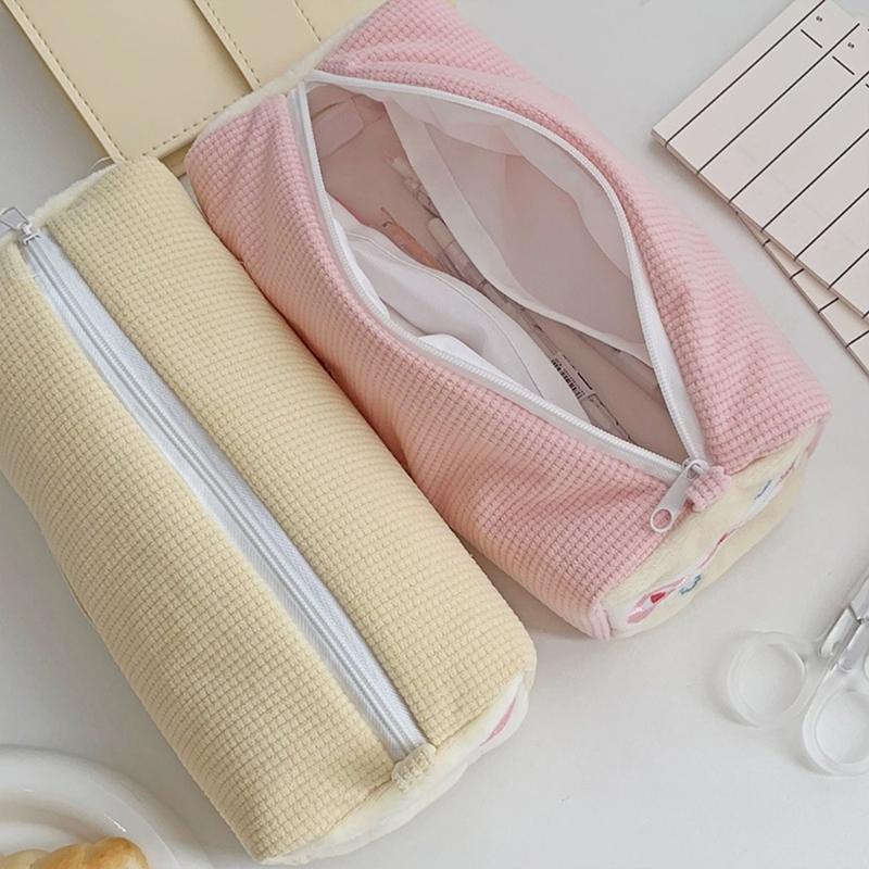 Strawberry Pencil Case Large Compartment Corduroy Pencil Pouches Portable Cosmetic Bag For Student School Supplies
