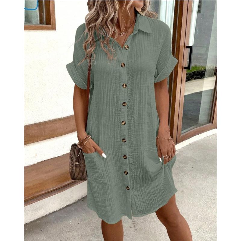 Casual Solid Color Single-breasted Mid-length Short Sleeve Loose Casual Dress Women's Wear