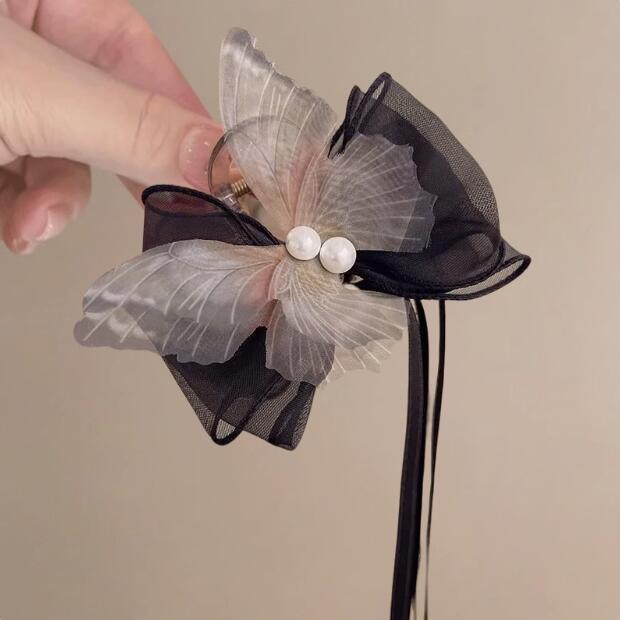 Butterfly Pearl Ribbon Claw Clip - Chinese Fairy-Inspired Hair Accessory чёрный