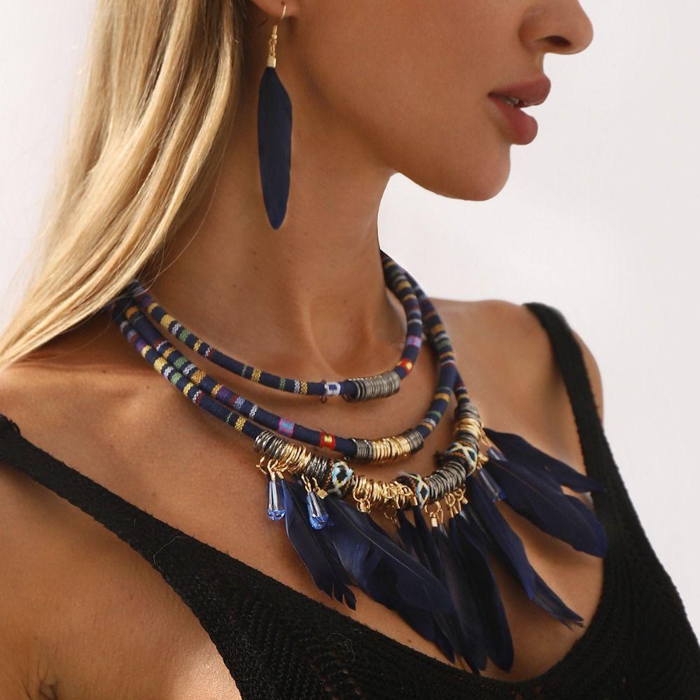 Multilayer Feather Tassel Necklace Vintage Necklace Earrings Set Ethnic Jewelry Set  Women Jewelry