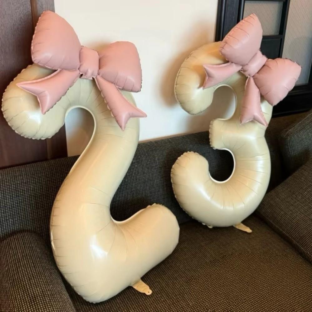 40 Inch Number 0-9 Balloon Cream White with Light Pink Bow Aluminum Foil Balloons New Year Decorations Birthday Party Balloons
