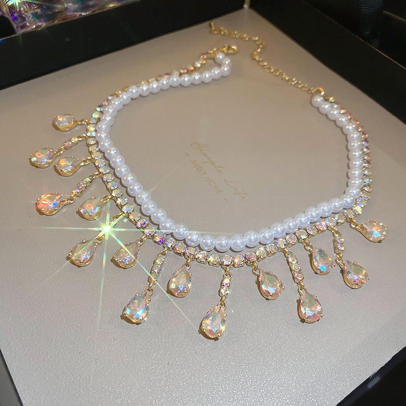 French Light Luxury Diamond-encrusted Artificial Pearl Necklace Retro Court Style Collarbone Chain Niche High-end Jewelry Women