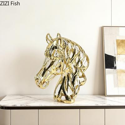 Golden Hollow Horse Head Sculpture Abstract Handicrafts Animal Desk Decoration Geometric Animal Ornaments Home Decor Accessories