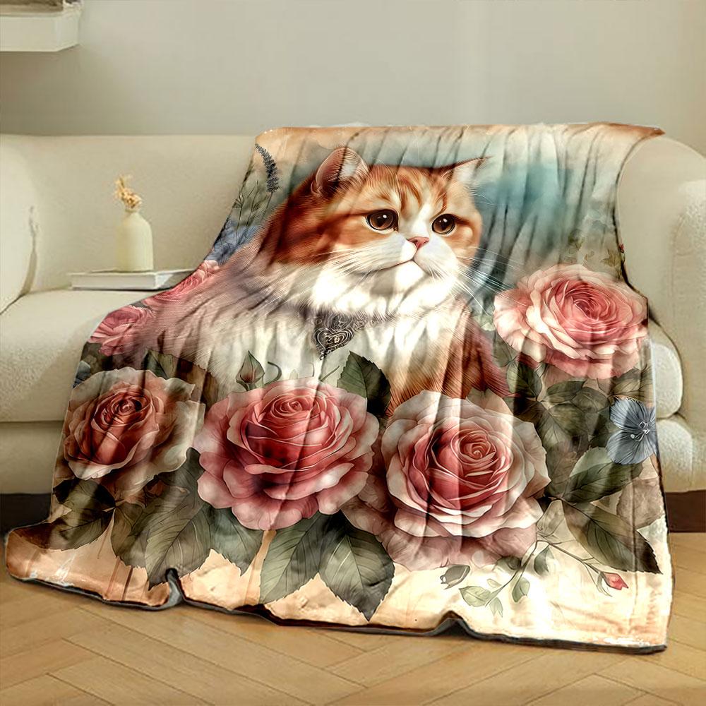 Fluffy Cat Pink Roses Vintage Style Bedroom Blanket for Livingroom Couch Lunch Break Soft Throw for Friend's Festival Gift