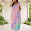 Women Plus Size Round Neck Short Sleeve Galaxy Printed Loose Maxi Dress With Side Pockets