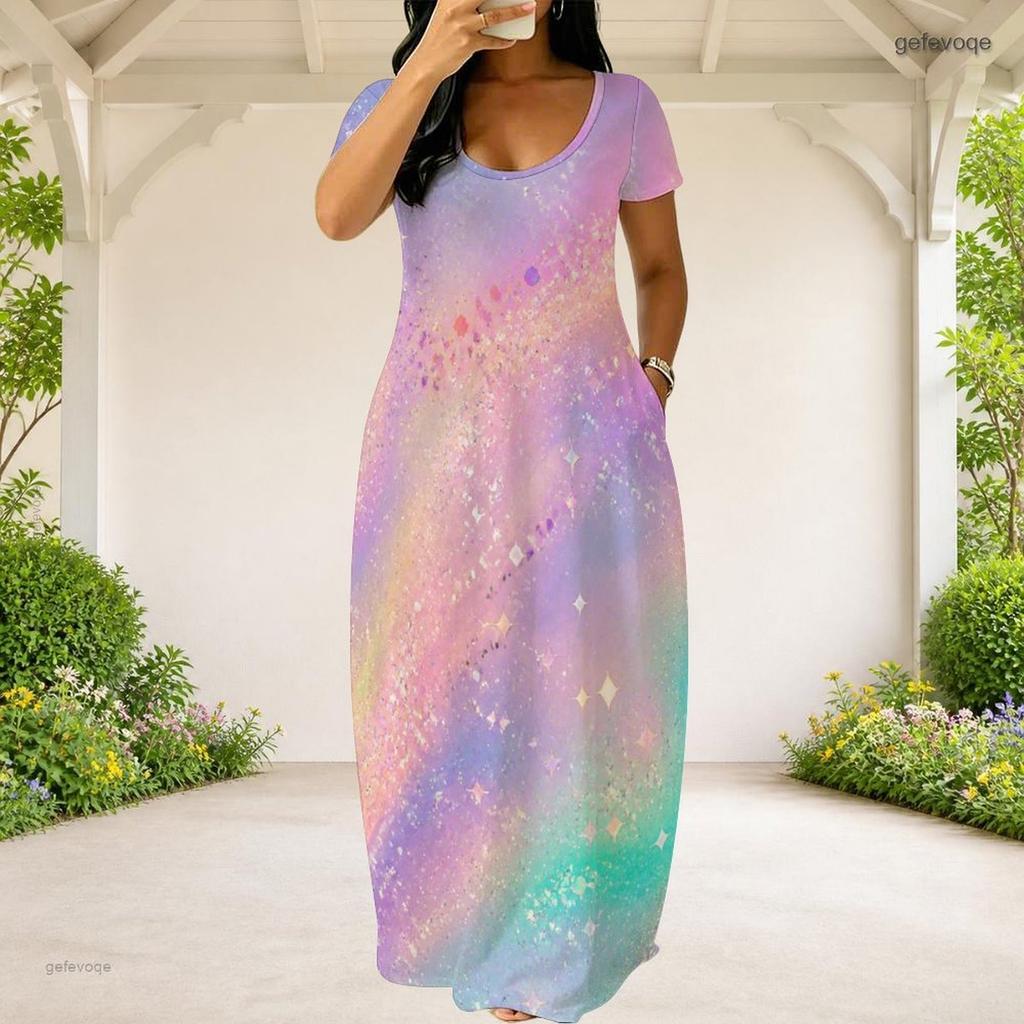 Women Plus Size Round Neck Short Sleeve Galaxy Printed Loose Maxi Dress With Side Pockets