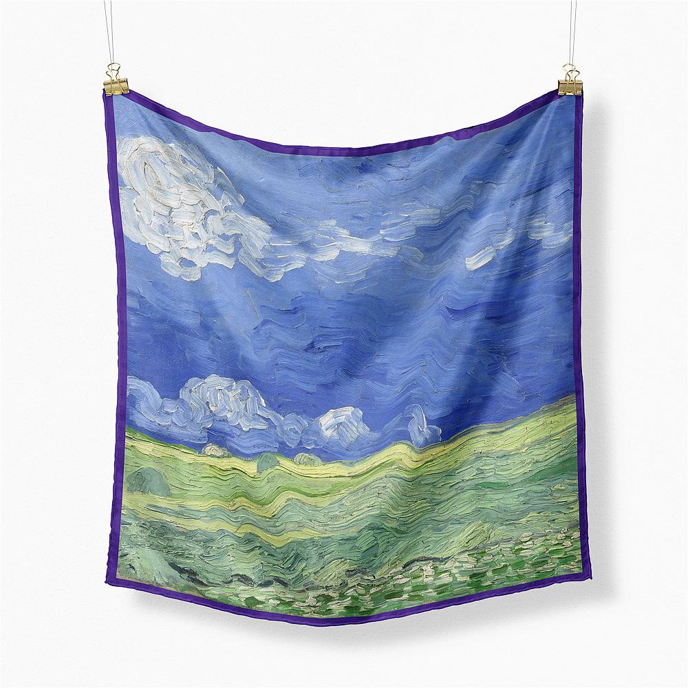 Famous Oil Painting Twill 100% Silk Scarf Fashion Bandana Women Scarf Wraps 53cm Square Scarves Hijab Head Scarf Neckerchief