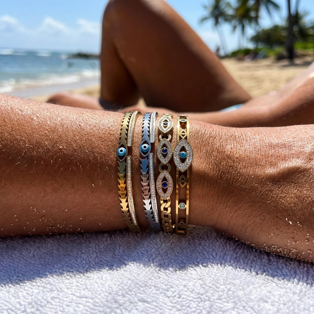 Stainless Steel Turkish Lucky Evil Eyes Open Bracelet For Women Gold Plated Crystal Zircon Open Bangle Party Waterproof Jewelry