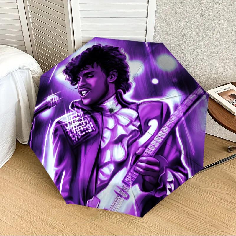 1pc Purple Guitarist Prince Automatic Folding Umbrella, Portable Collapsible Design, Casual Outdoor Accessory L1202026