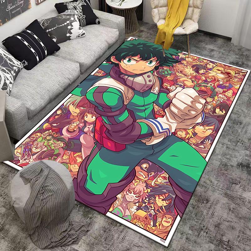 Modern Bold Graphic Illustration My Hero Academia Deku Hero Collage Anime Fan Art Green soft area floor mat ideal for kids playroom nursery bedroom