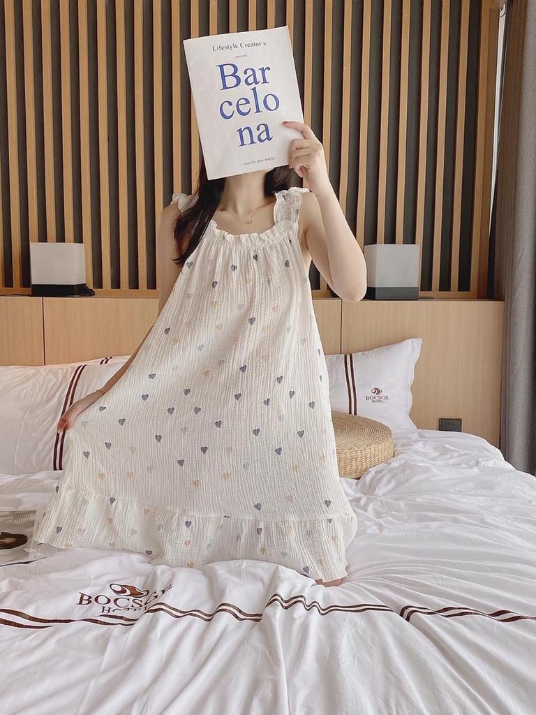 Summer Women's Cotton Spaghetti Strap Nightgown - Sweet, Loose, Mid-Length Dress