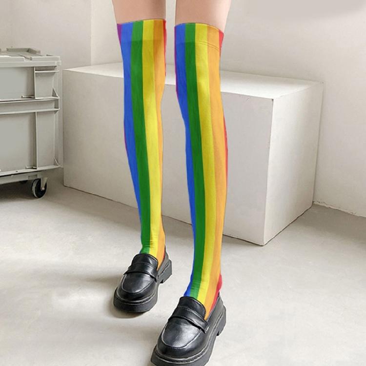 Damen Japanische Stile Anime Oberschenkelhohe Strümpfe Regenbogen Mehrfarbig Gestreiftes Muster Seide Über dem Knie Lange Socken Strumpfwaren