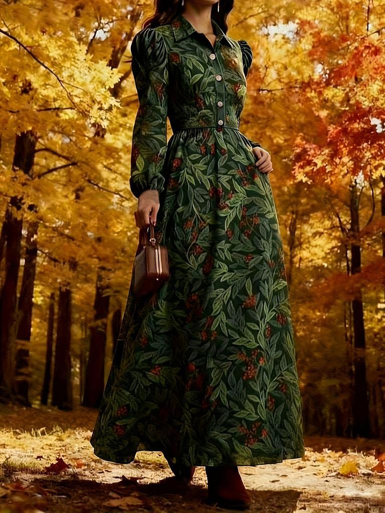 Retro style plant berry print long-sleeved long dress dark green waist design autumn outdoor wear elegant atmosphere