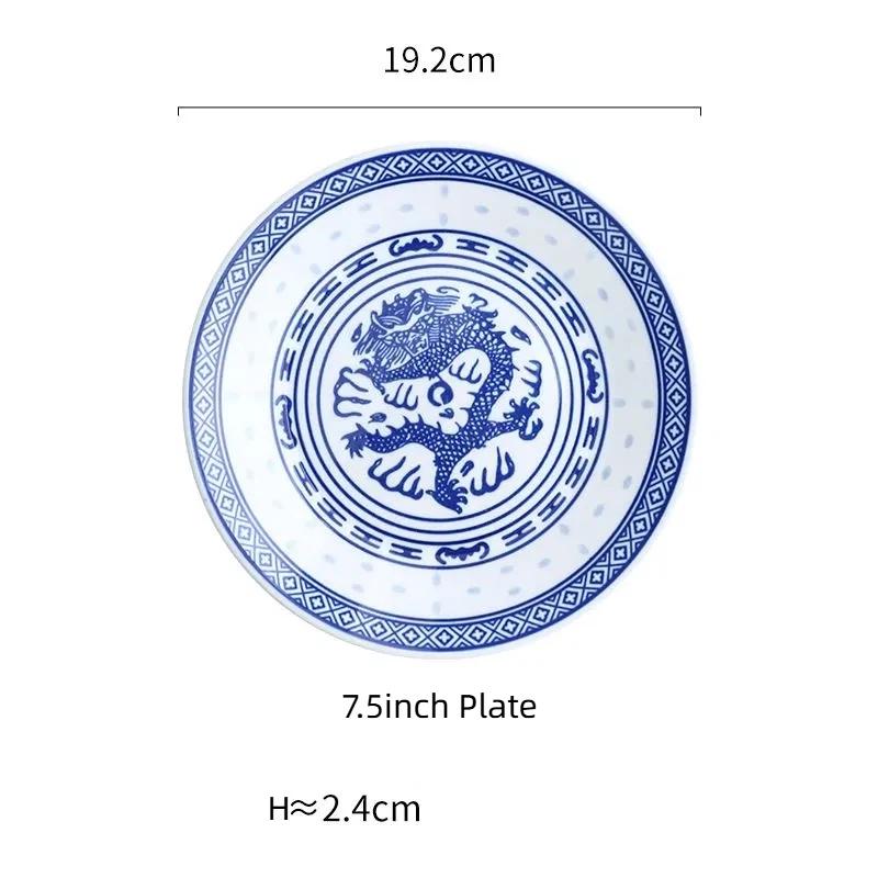 Conjunto Tigela Dragão Porcelana Azul e Branca – Tigelas Cerâmicas para Sopa de Arroz e Macarrão Prato Sob Esmalte