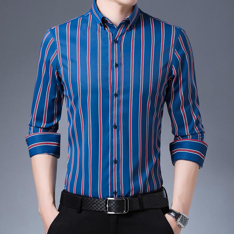 New Men's Long-sleeved Shirt Slim Shirt Stripe Base Casual Professional Men's Wear