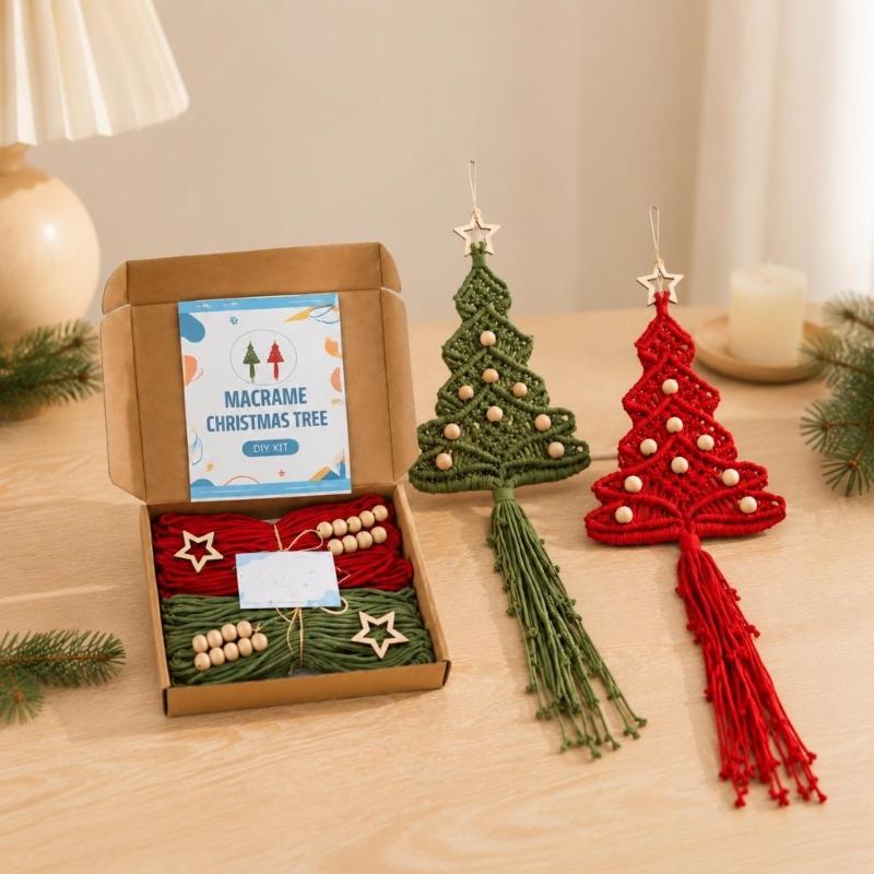 Holiday Tree Fiber Craft Set for 2 Hanging Projects with Soft Cotton Cord, Wooden Star Toppers, Beads and Dowels