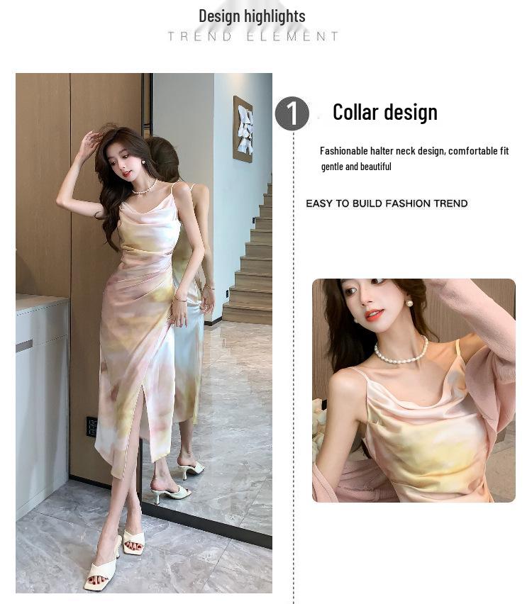 In-Stock French Cowl Neck Satin Print Spaghetti Strap Summer Dress