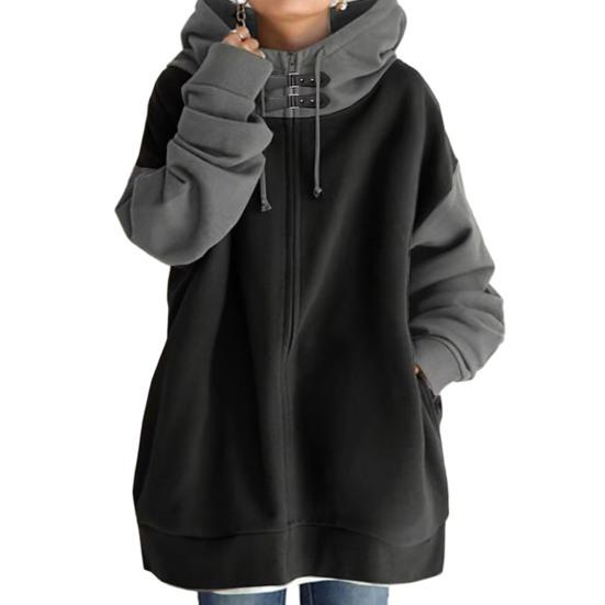 

Женская зимняя осенняя толстовка с капюшоном в стиле пэчворк контрастного цвета, потайная молния с длинным рукавом, средней длины, свободный пуловер с карманами, толстая женская толстовка с капюшоном на шнурке S