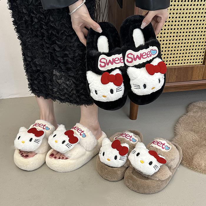 Hellokitty Cat Fluffy Slippers Women Wear Cute Thick Bottom Non-slip Comfortable Home Casual Versatile Cotton Slippers