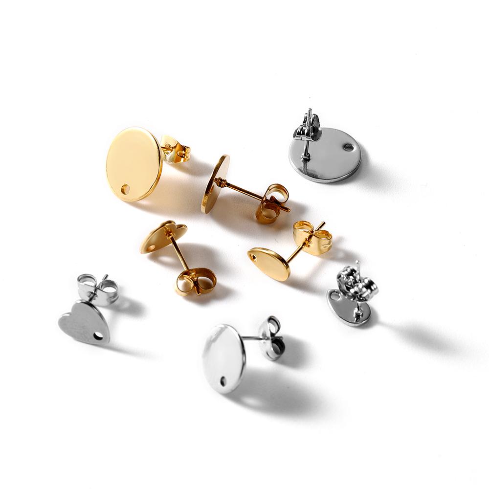 10pcs/lot Gold Color Stainless Steel Heart Drops Round Hole Ear Studs With Earring Plug For DIY Jewelry Making Accessories