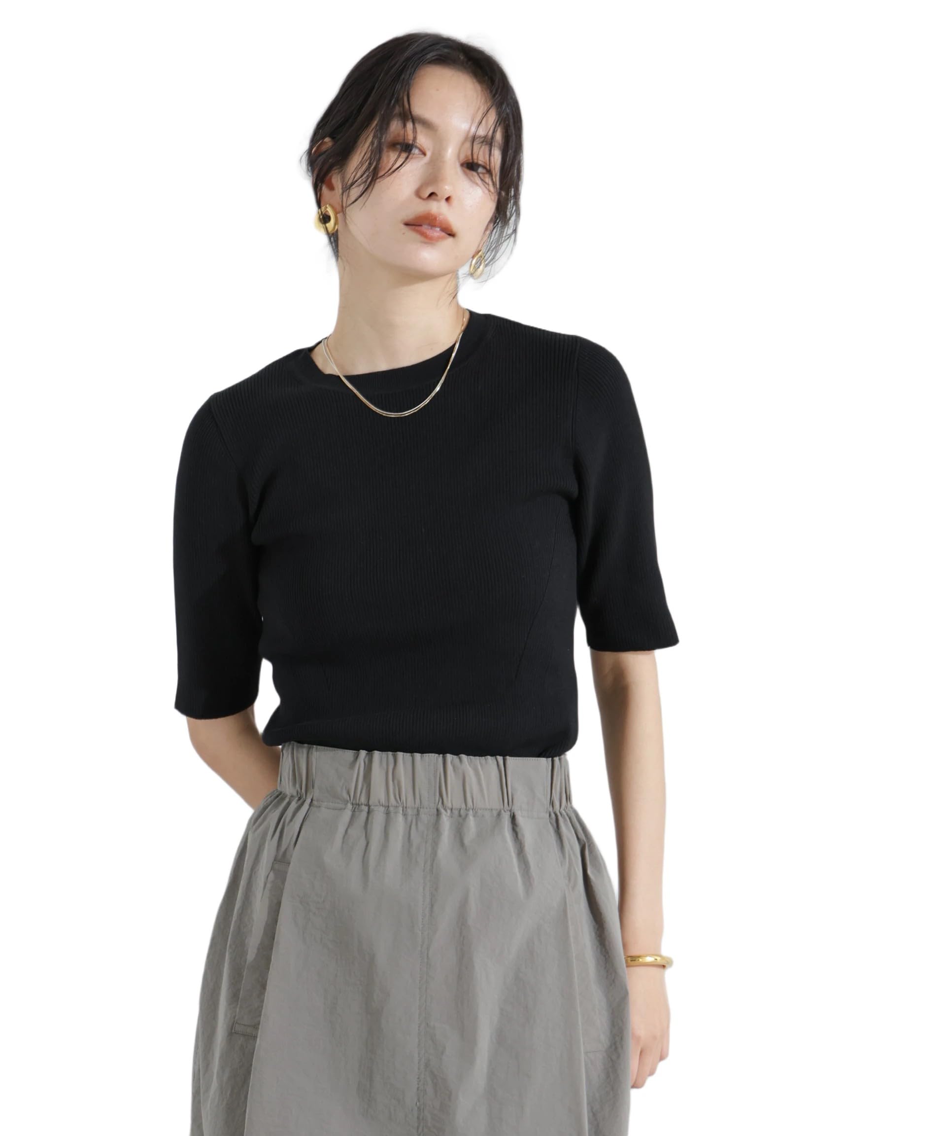 

Nano Universe Стираемый трикотаж в рубчик с рукавом 3/4 из высококрученой пряжи, женский, M, 010, Черный, 669-5122309