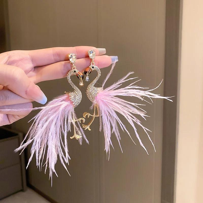 Korean Style Bird Drop Earrings for Women Pink Feather Rhinestone Dangle Earrings Fashion Zircon Accessories