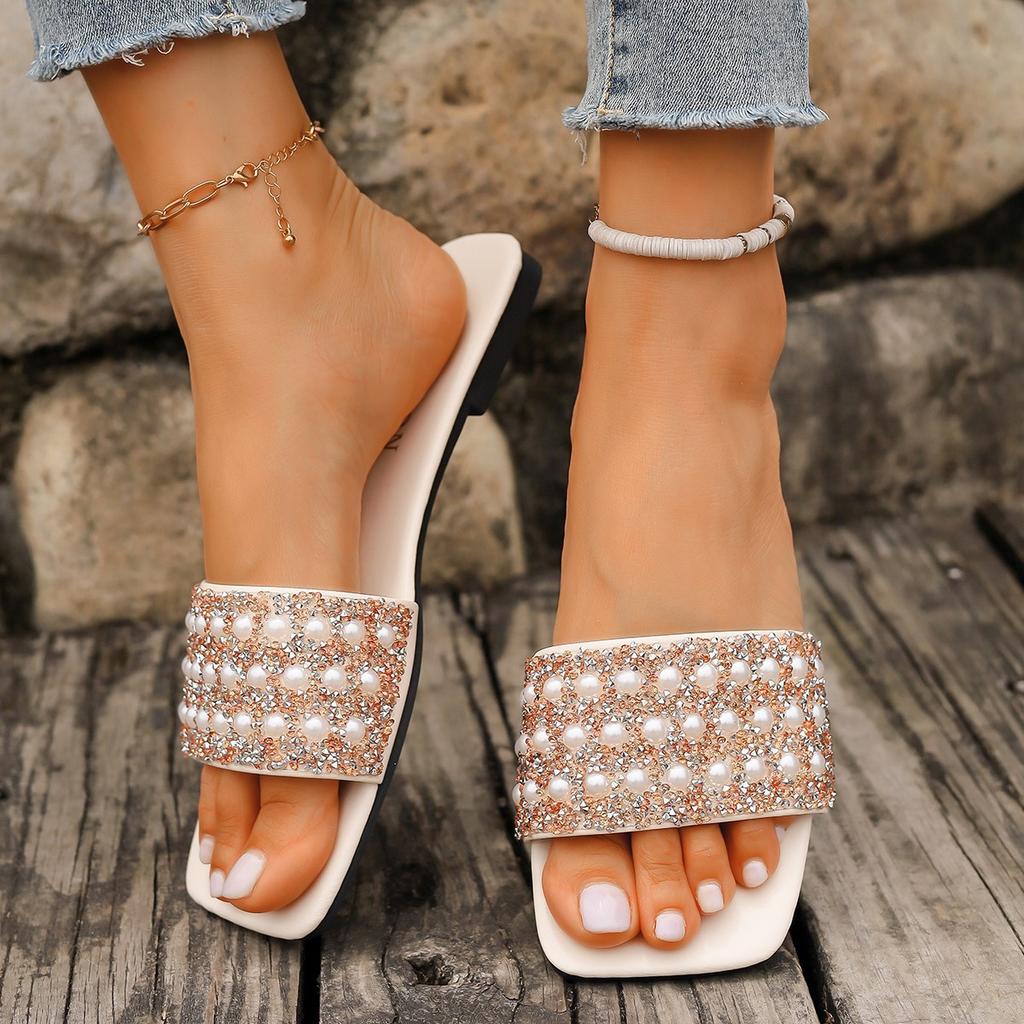 Foreign Trade Flat-bottomed Slippers Women's 2025 Summer New Pearl Rhinestone Outer Wear Square Head Fashion Casual Women's Sandals