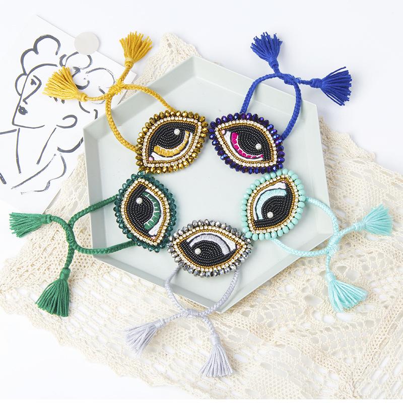 

European & American Bohemian Style Handmade Tassel Eye Bracelet with Rice Beads for Women