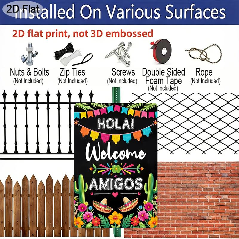2D Flat 1pc Mexican Welcome Sign - Vintage "Hola! Welcome Amigos" Aluminium Wall Decor with Mexican Straw Hat & Cactus, Aluminium Decoration for