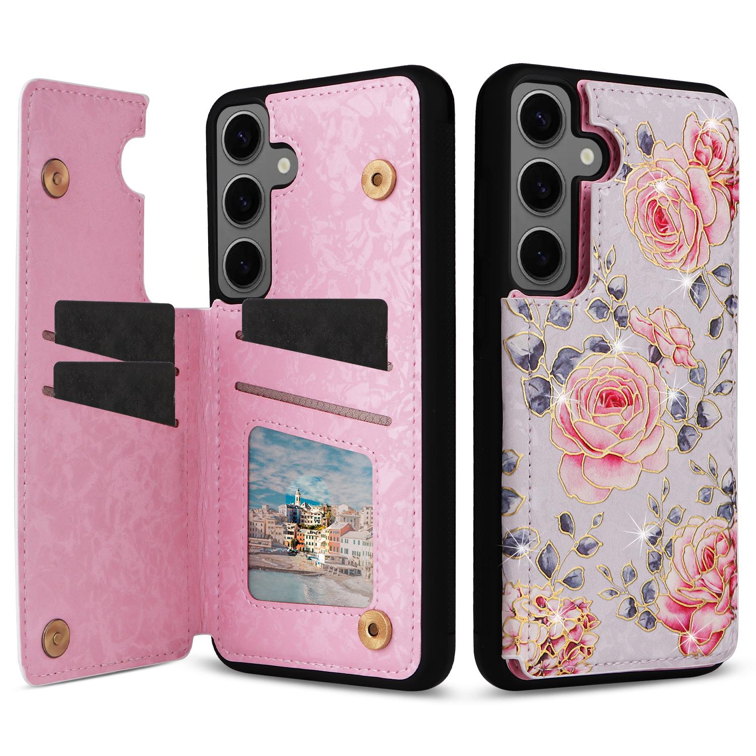 

For Samsung Galaxy S25+ Case Flower Leather+TPU RFID Blocking Phone Cover Card Slots Rose