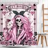 Funny Skull Skeleton Shower Curtain Halloween Pink Girl Gothic Spooky Black Flower Rose Floral Red Wine Unique Scary Women