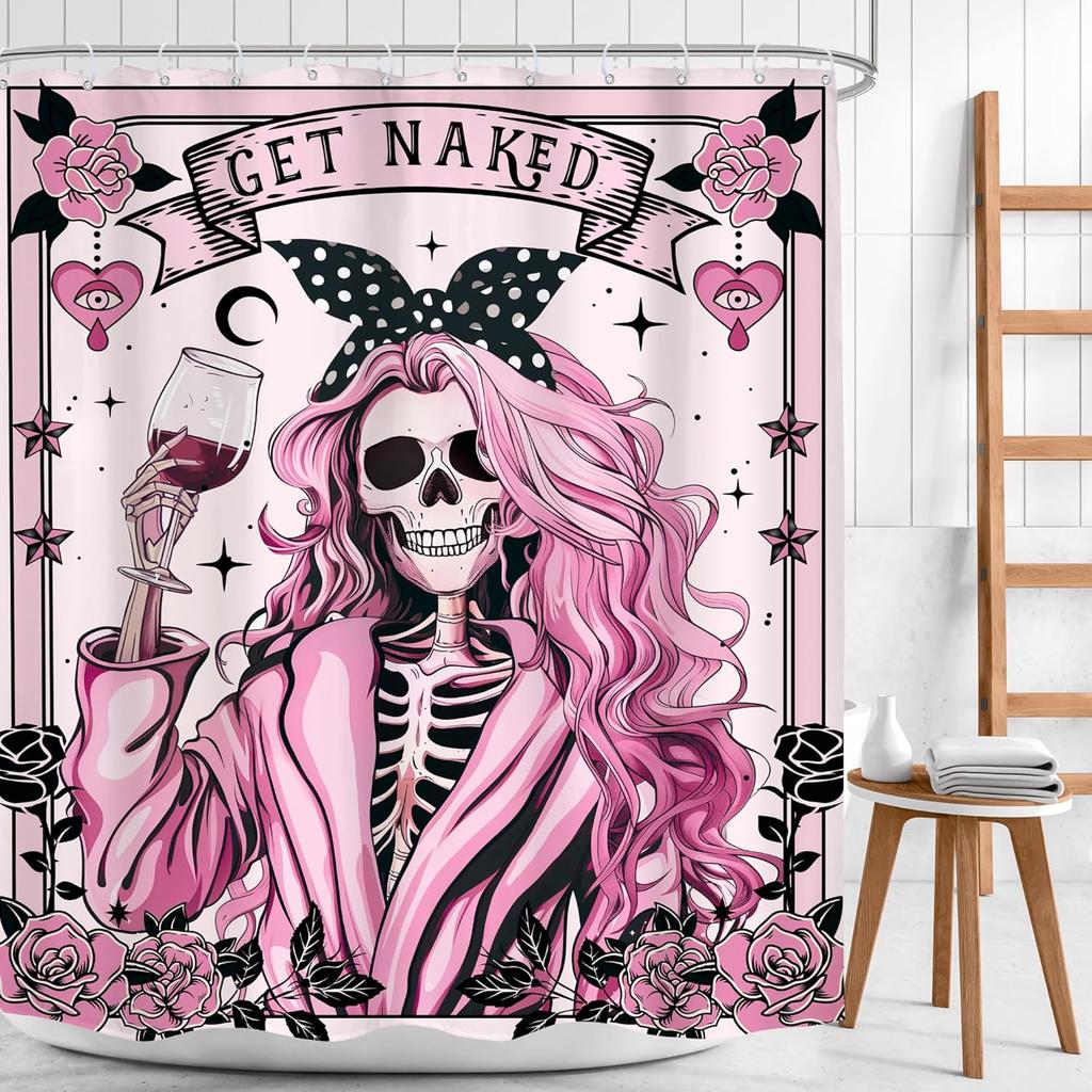 Funny Skull Skeleton Shower Curtain Halloween Pink Girl Gothic Spooky Black Flower Rose Floral Red Wine Unique Scary Women