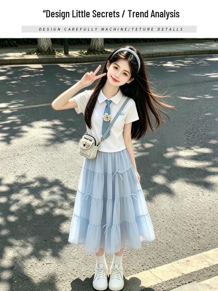 Girls' Academy Style Polo Shirt & Skirt Set - Korean-Inspired Summer Fashion