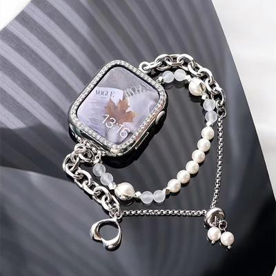 Pearl Bracelet for Apple Watch Band 49mm 38 42 41 45mm Women Double Chain Metal Sainless Steel Strap for IWatch 8 7 6543 40 44mm