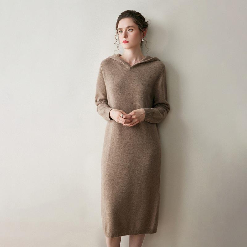 Autumn/Winter Hooded Wool Knit Sweater Dress - Solid, Loose, Soft, Warm, Mid-Length Cashmere.