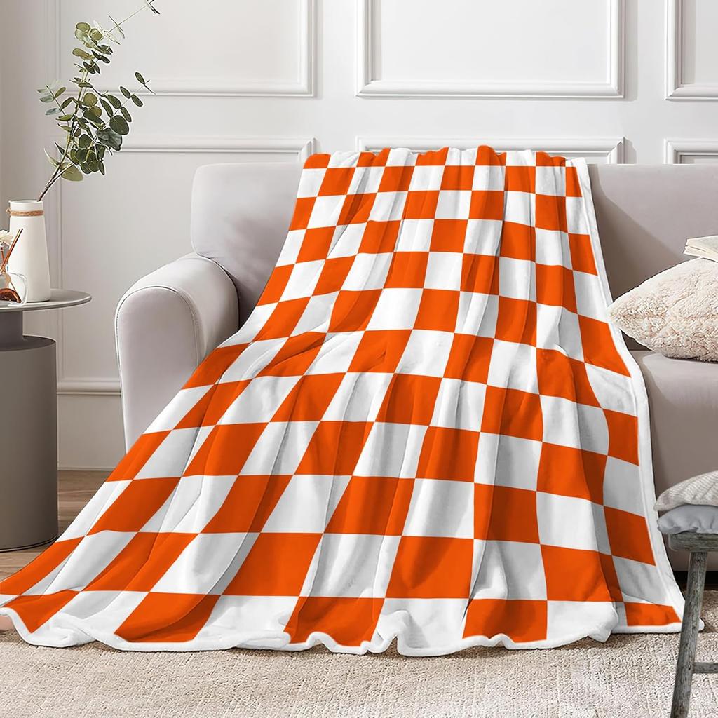 Checkered Blanket, White Orange Checkerboard Modern Minimalist Vintage Throw Blanket for All Seasons, Girl Woman Gifts Lightweight Soft Plush