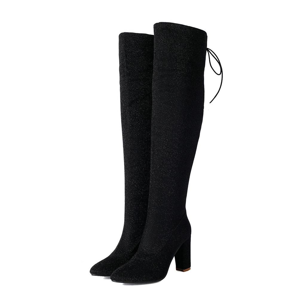 Women Thigh High Boots Grainy Sequin Bling Bling Over the Knee Boots Back Lace Up Sung Fit Casual Heels Shoes