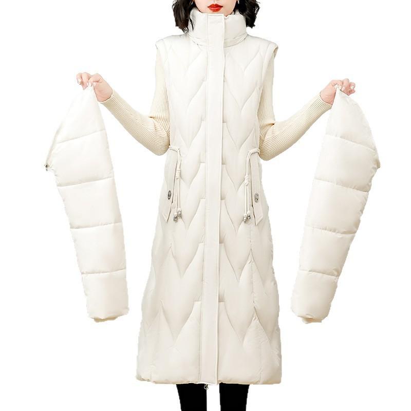 Live-sleeved removable hat, big fur collar, foreign-style cotton-padded jacket for women, this winter's new medium and long slim-fitting waist cotton-