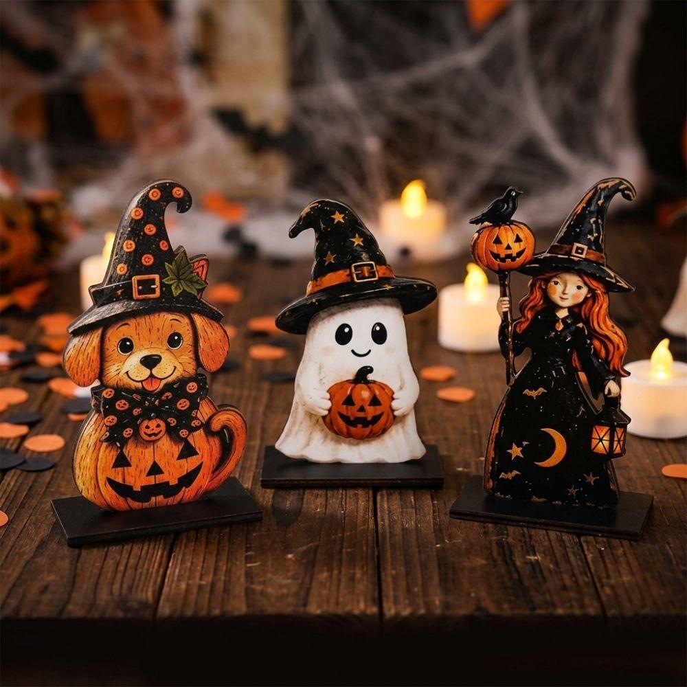 3Pcs 2D Flat Witch Ghost Tabletop Ornament Stable Base Pumpkin Ghost Craft Decor Thanksgiving