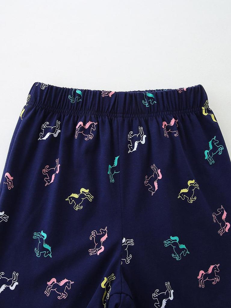 Unicorn Print Girls' Summer Short Sleeve Knit Cotton Two-Piece Set