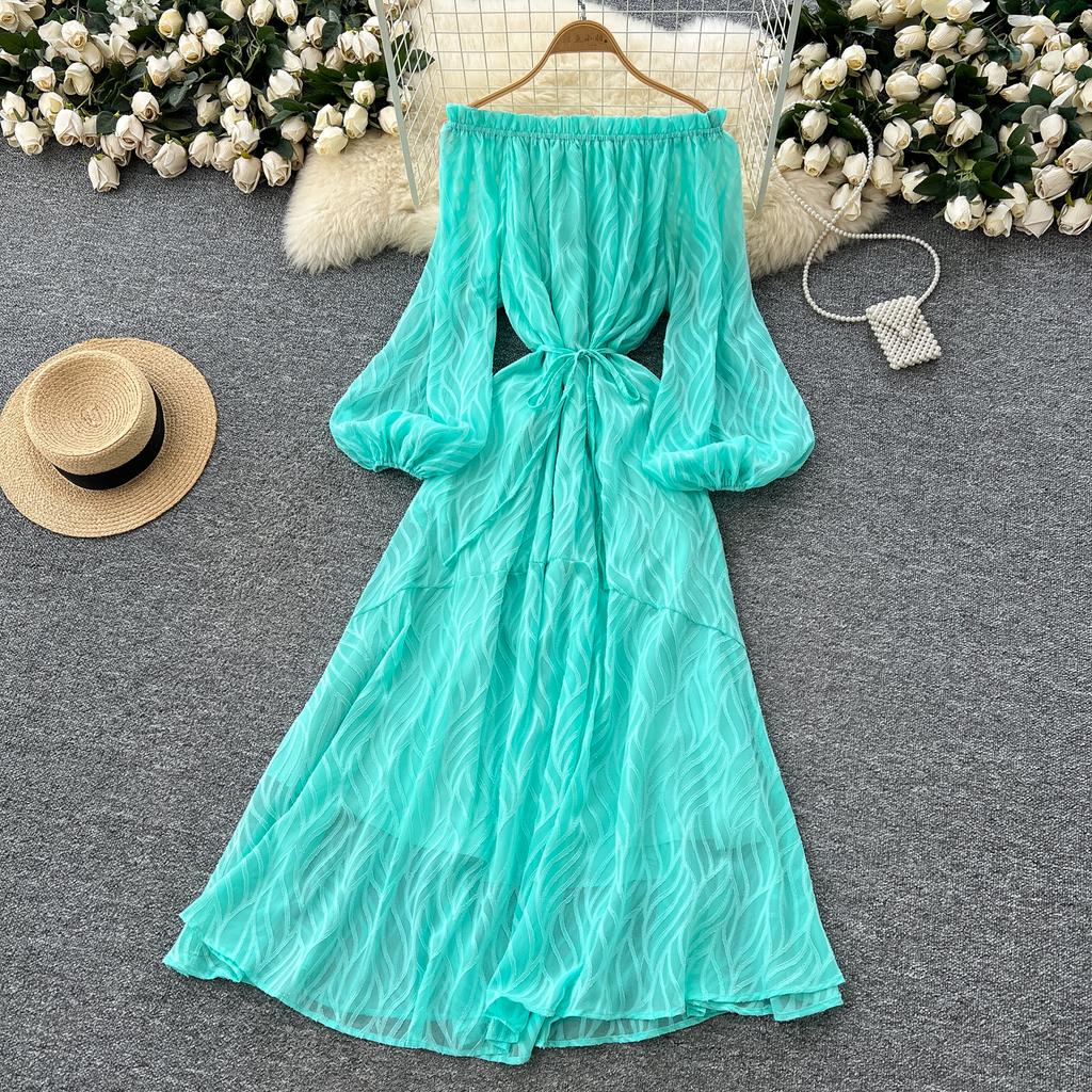 Off Shoulder Temperament Lantern Sleeve Waist Cinched Dress for Women 2025 New Style Big Swing Vacation Dress