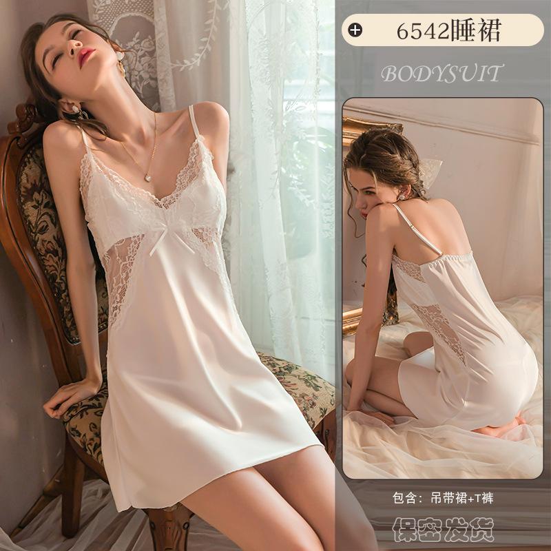 Homewear Sexy Pajamas Women'S Autumn With Chest Pads Lace See-Through Nightgown Set Pure Desire Ice Silk Nightgown 6542